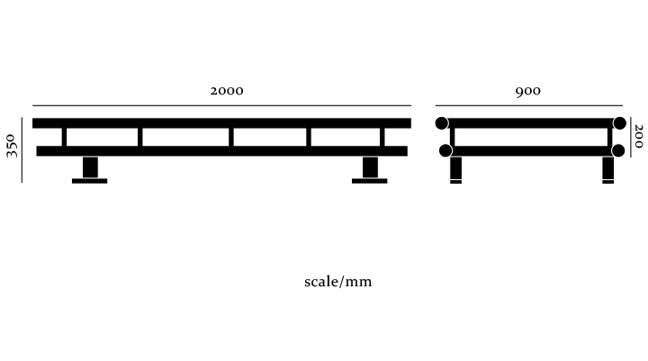 寸法図：幅90cm高さ35cm奥行200cm床厚20cm